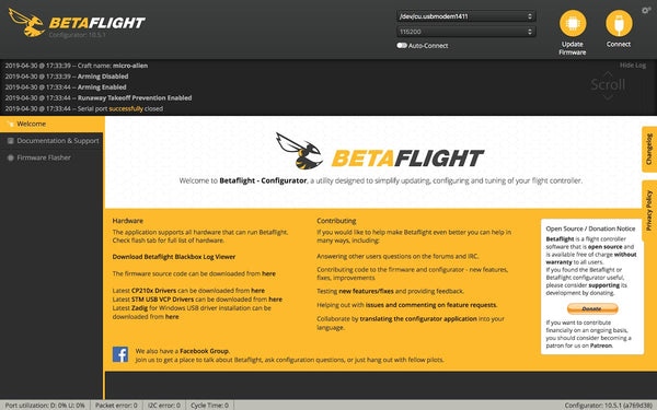 BetaFlight セットアップ (1) 下準備・FWのフラッシュV4.0.2・プロポの設定